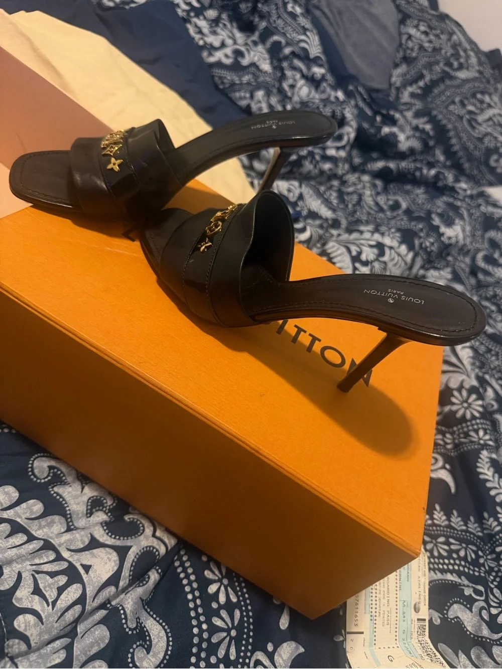 Louis Vuitton Black Leather Mule Sandals with Gold Logo Accents